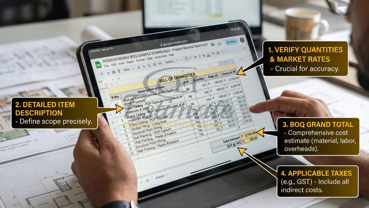इंटीरियर BOQ एक्सेल शीट जिसमें क्वांटिटी वेरिफिकेशन, आइटम डिस्क्रिप्शन, कुल लागत और टैक्स (GST) का पूरा ब्रेकडाउन दिखाया गया है