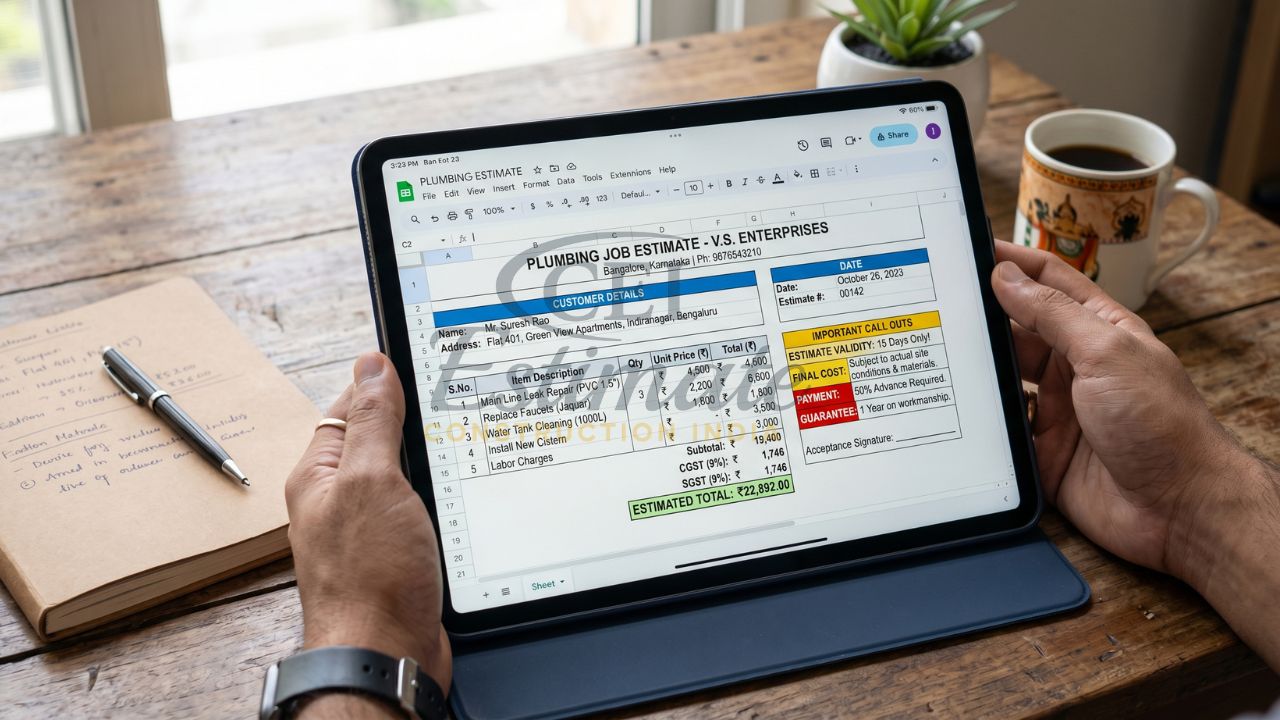 प्लंबिंग अनुमान एक्सेल शीट जिसमें ग्राहक विवरण, पाइप रिपेयर, लेबर चार्ज, GST और कुल लागत का विवरण दिखाया गया है