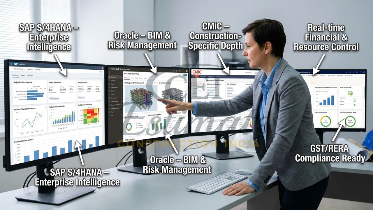Multiple enterprise construction ERP dashboards compared for large Indian contractors