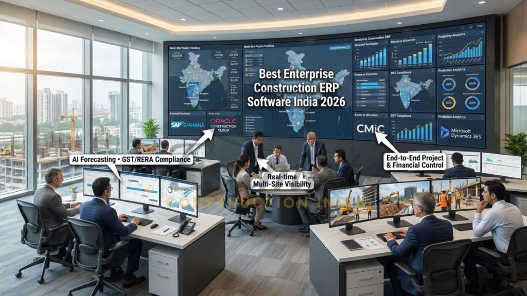 Enterprise construction ERP dashboard showing real-time multi-site project, financial and resource management in India 2026