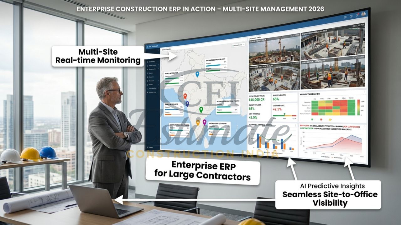 Senior manager monitoring multiple construction sites using enterprise ERP dashboard in India