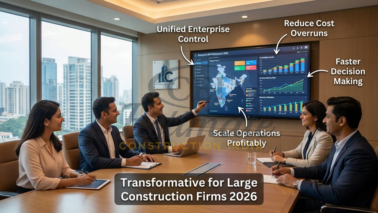 Successful large Indian construction company leadership team reviewing profitable operations using enterprise ERP