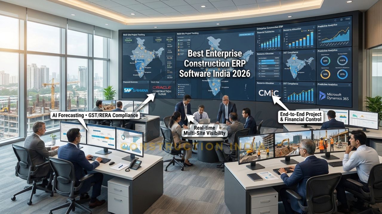 Enterprise construction ERP dashboard showing real-time multi-site project, financial and resource management in India 2026