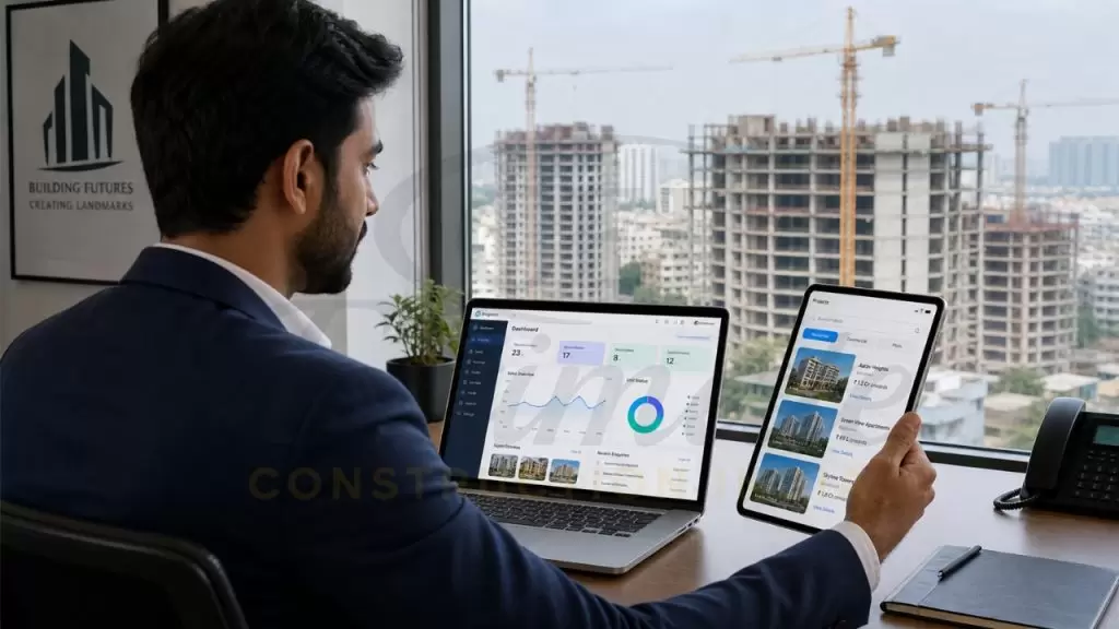 Real estate professional using laptop and tablet to manage property data.