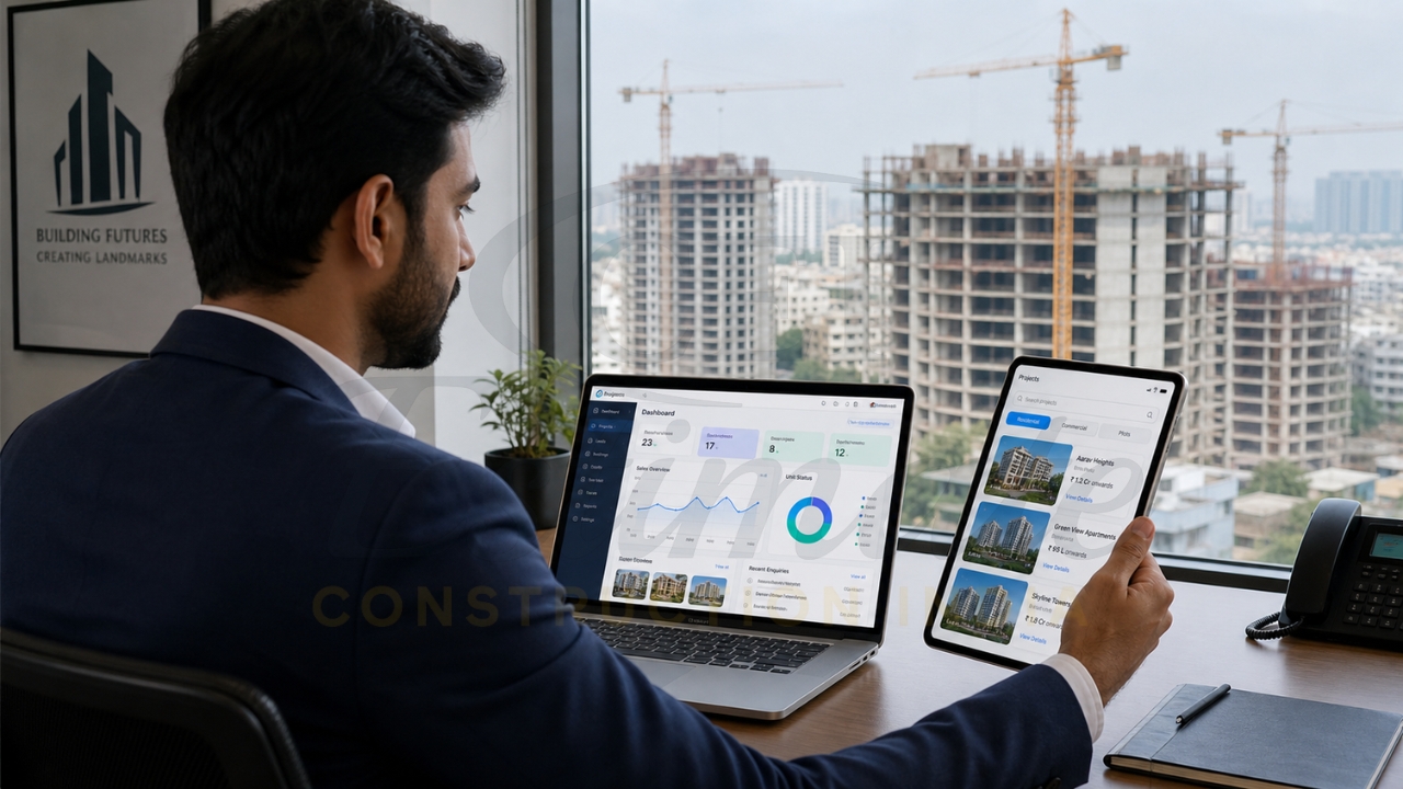 Real estate professional using laptop and tablet to manage property data.