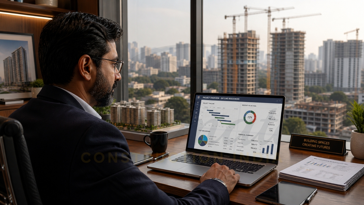 Real estate developer reviewing construction and financial reports on laptop