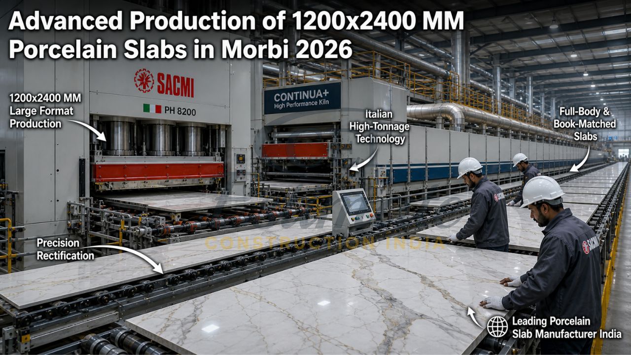 High-tonnage press and automated line producing 1200x2400 mm porcelain slabs in Morbi Gujarat