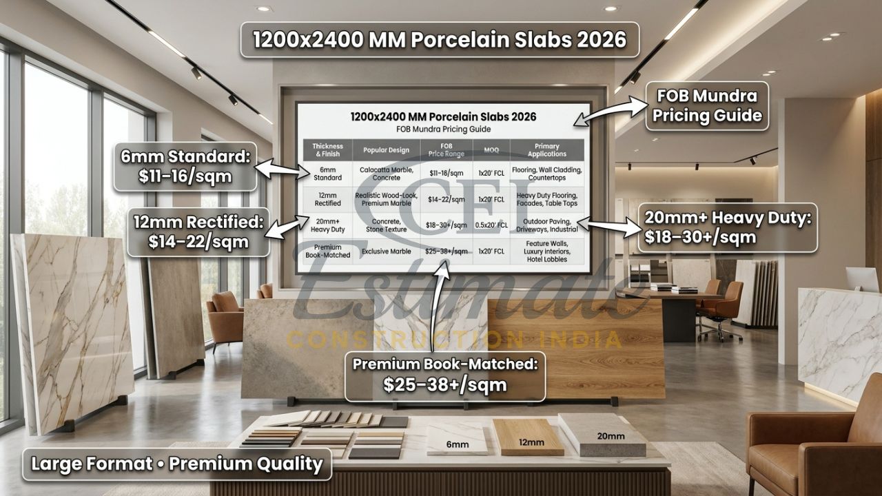 1200x2400 mm porcelain slab pricing table 2026 showing FOB rates for 6mm, 12mm, 20mm+ thicknesses in marble, wood look, Calacatta and book-matched finishes from Morbi India