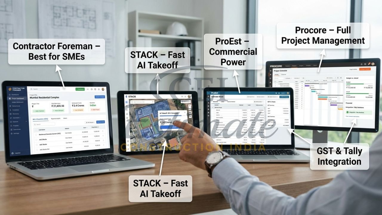 Side-by-side comparison of popular construction estimating software interfaces used in India