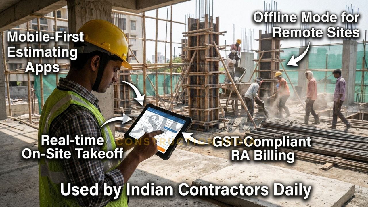 Site engineer using mobile construction estimating app on construction site in India