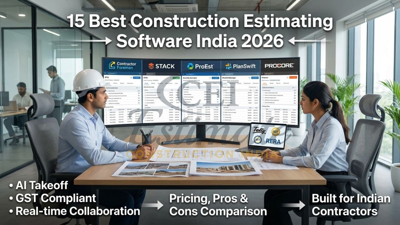Modern construction estimating software comparison dashboard with Indian project data and cost analysis 2026