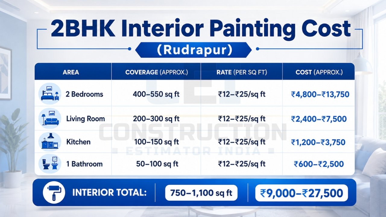 2BHK interior painting cost in Rudrapur showing room-wise area, rate per sq ft, and total estimated cost