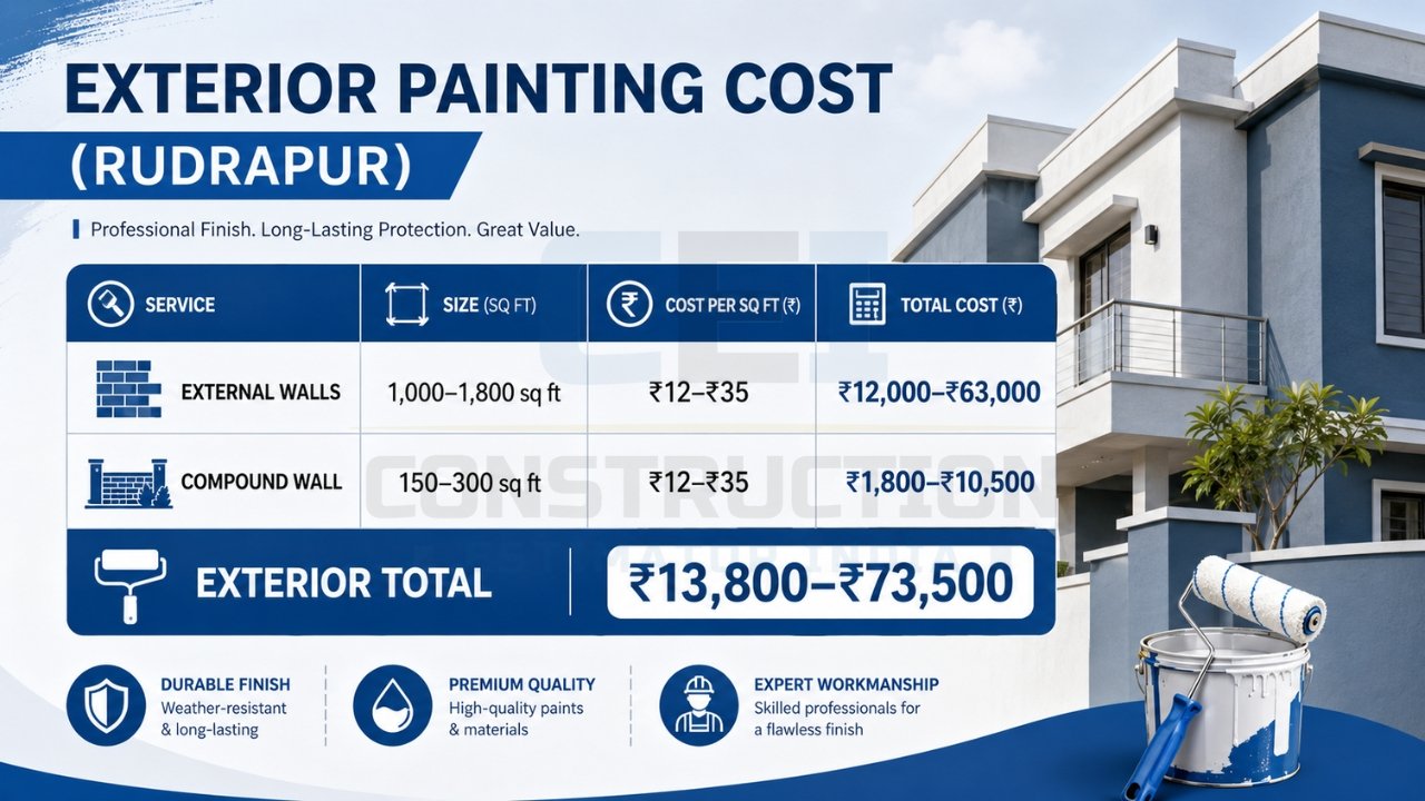 Exterior painting cost in Rudrapur showing external walls and compound wall cost per sq ft with total estimate