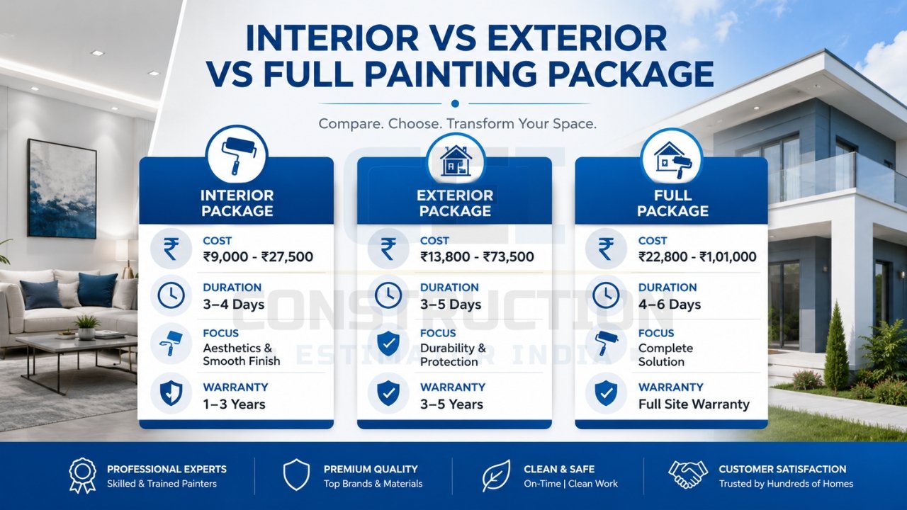 Interior vs exterior vs full painting package comparison India 2026 showing cost, duration, focus, and warranty differences