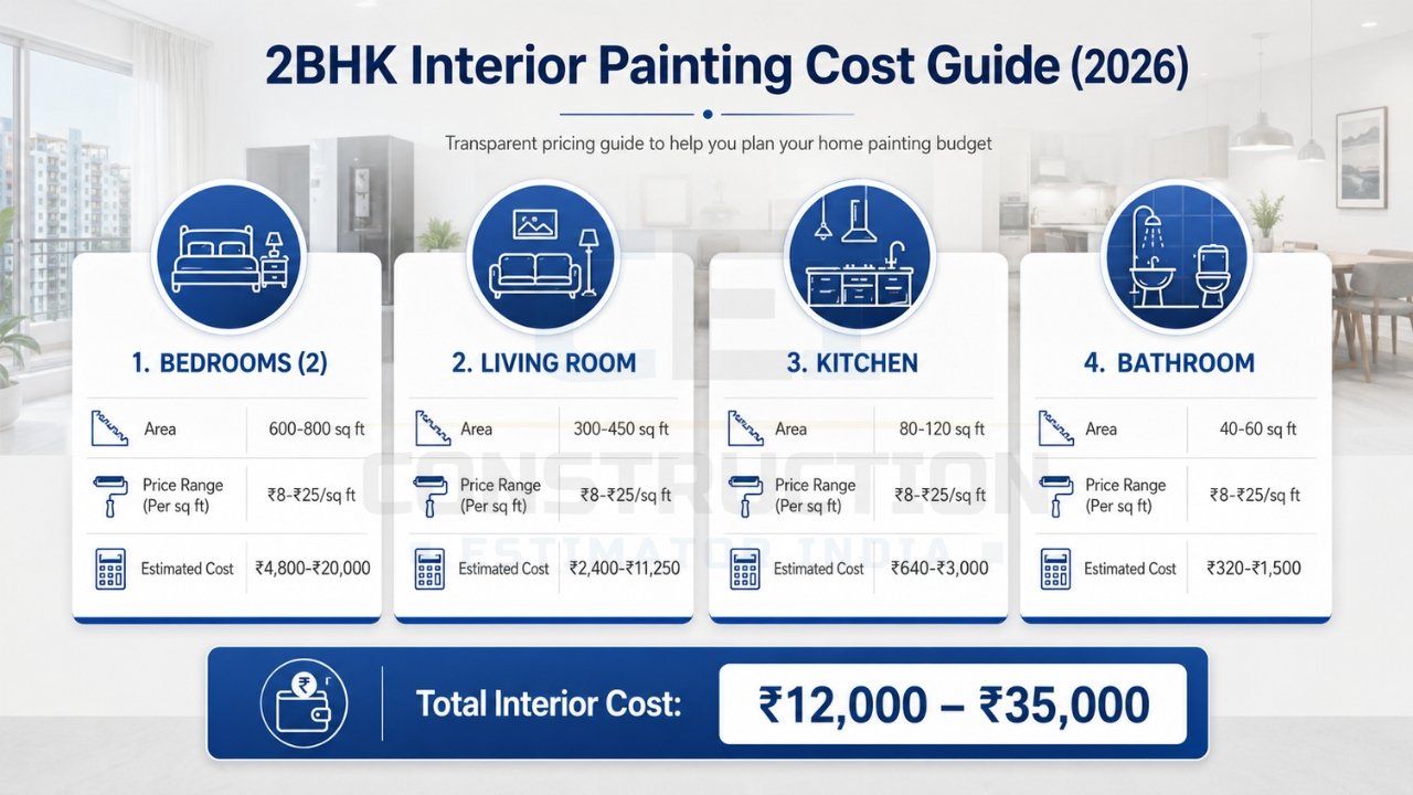 2BHK interior painting cost guide India 2026 showing bedroom, living room, kitchen, and bathroom costs with total estimate
