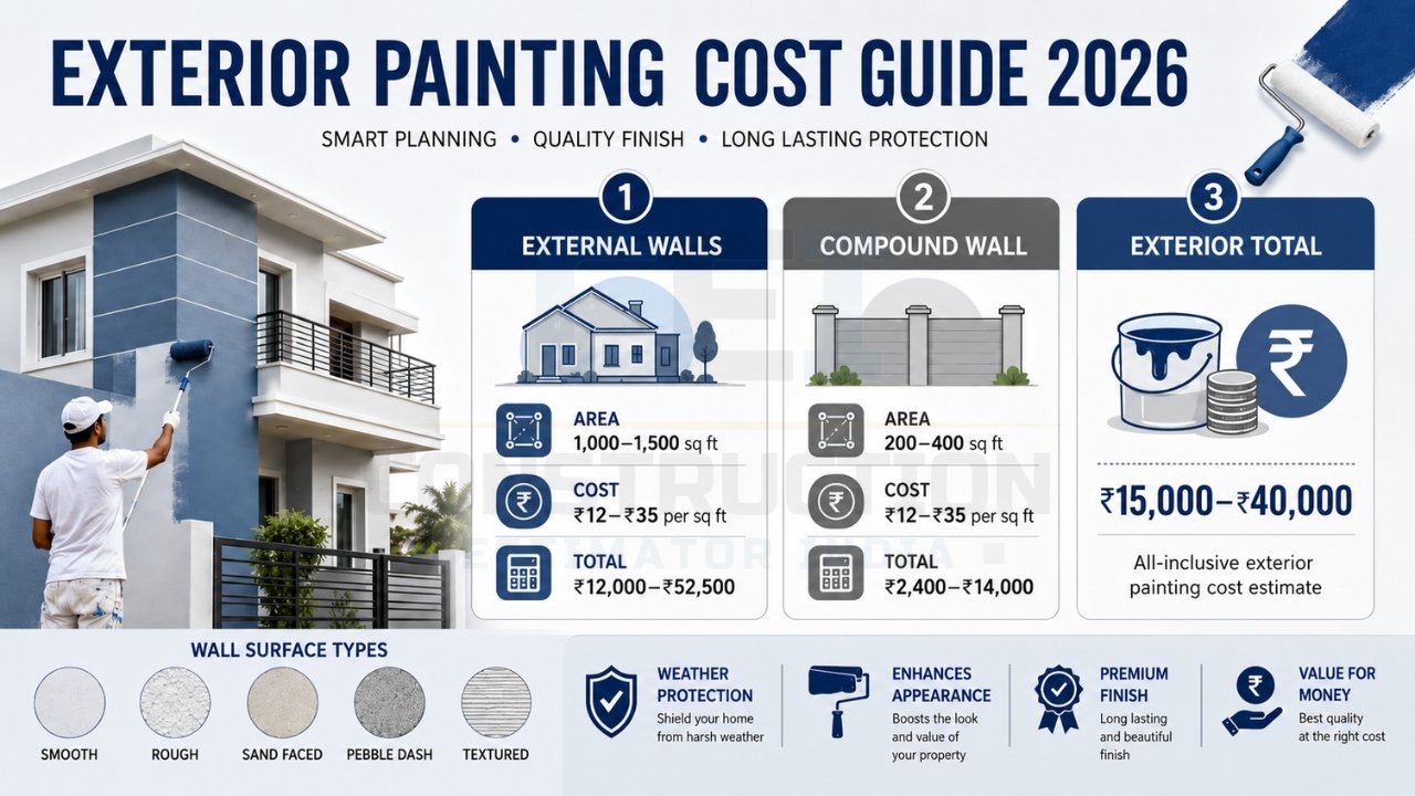 Exterior painting cost guide India 2026 showing external walls, compound wall costs, and total estimate per sq ft