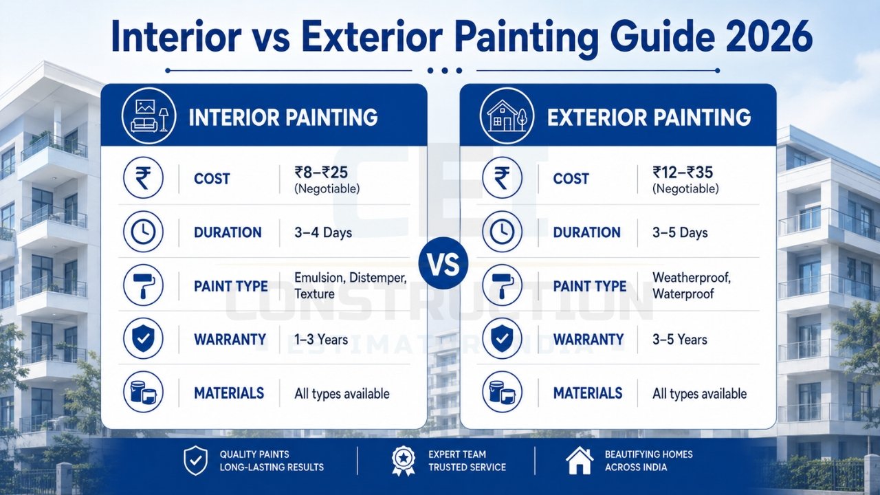 Interior vs exterior painting guide India 2026 showing cost, duration, paint types, warranty, and materials comparison