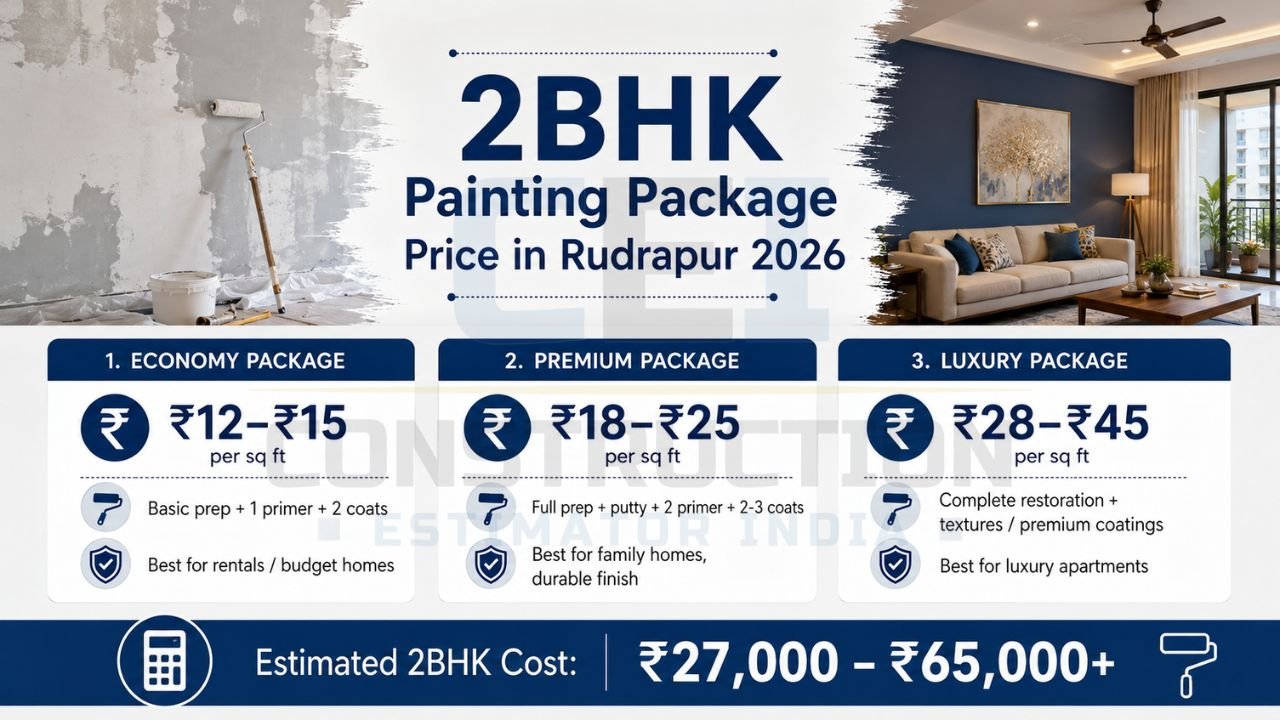 2BHK painting package price in Rudrapur 2026 with economy, premium, and luxury painting package costs, wall preparation, primer, and paint coating details.