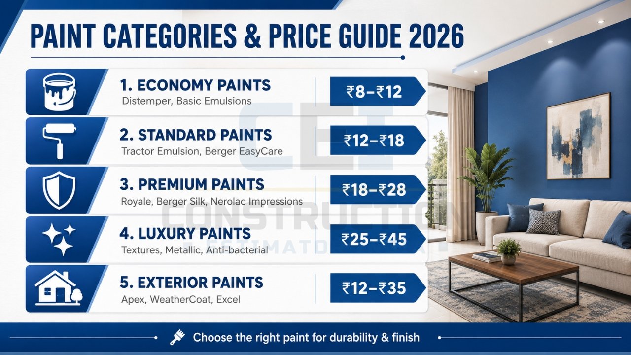Paint categories and price guide India 2026 showing economy, standard, premium, luxury, and exterior paint cost per sq ft