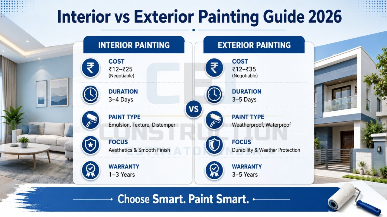 Interior vs exterior painting guide India 2026 showing cost, duration, paint types, focus, and warranty comparison