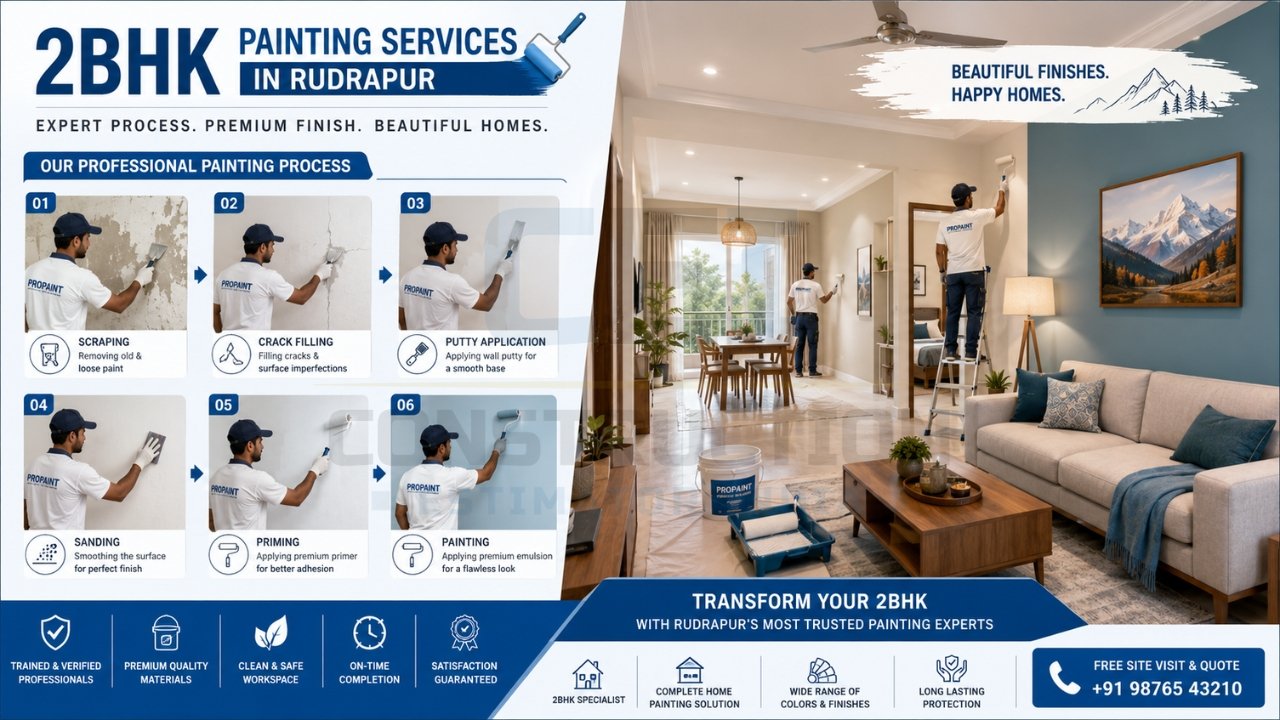 2BHK painting services in Rudrapur infographic showing step-by-step process, professional painters at work, and service highlights