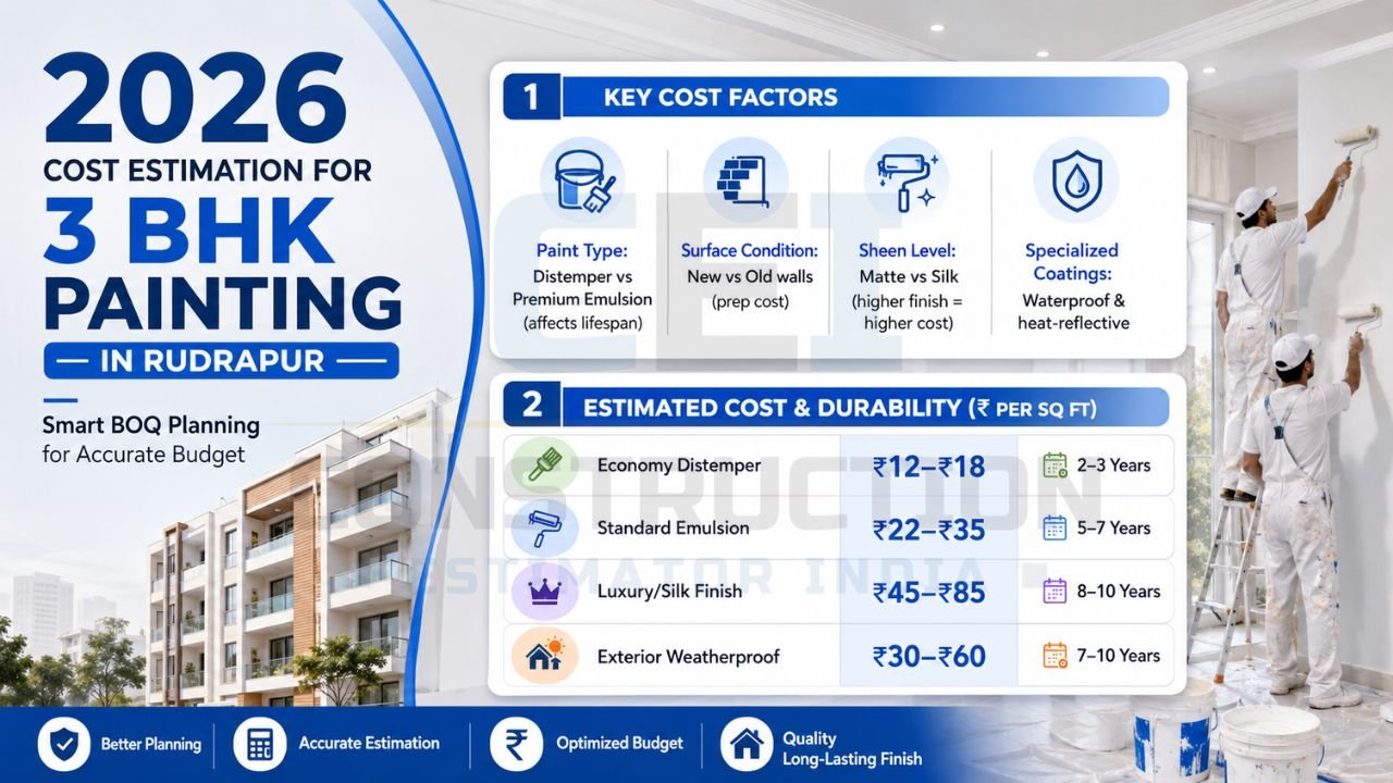 2026 cost estimation for 3BHK painting in Rudrapur with paint types, surface condition, emulsion pricing, waterproof coatings, and durability comparison.