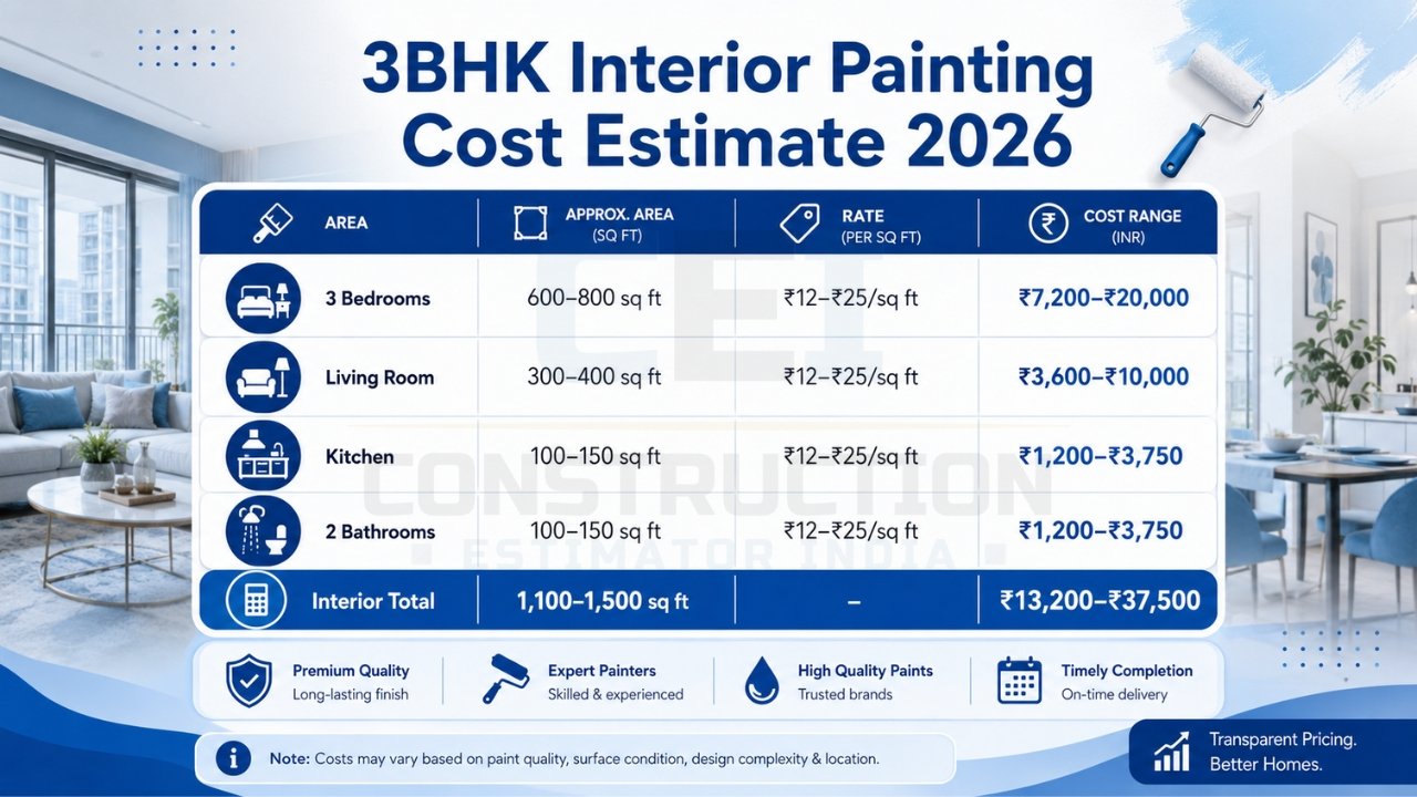 3BHK interior painting cost estimate India 2026 showing room-wise area, rate per sq ft, and total cost breakdown