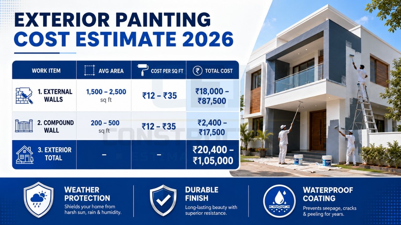 Exterior painting cost estimate India 2026 showing external walls, compound wall costs, and total project cost range