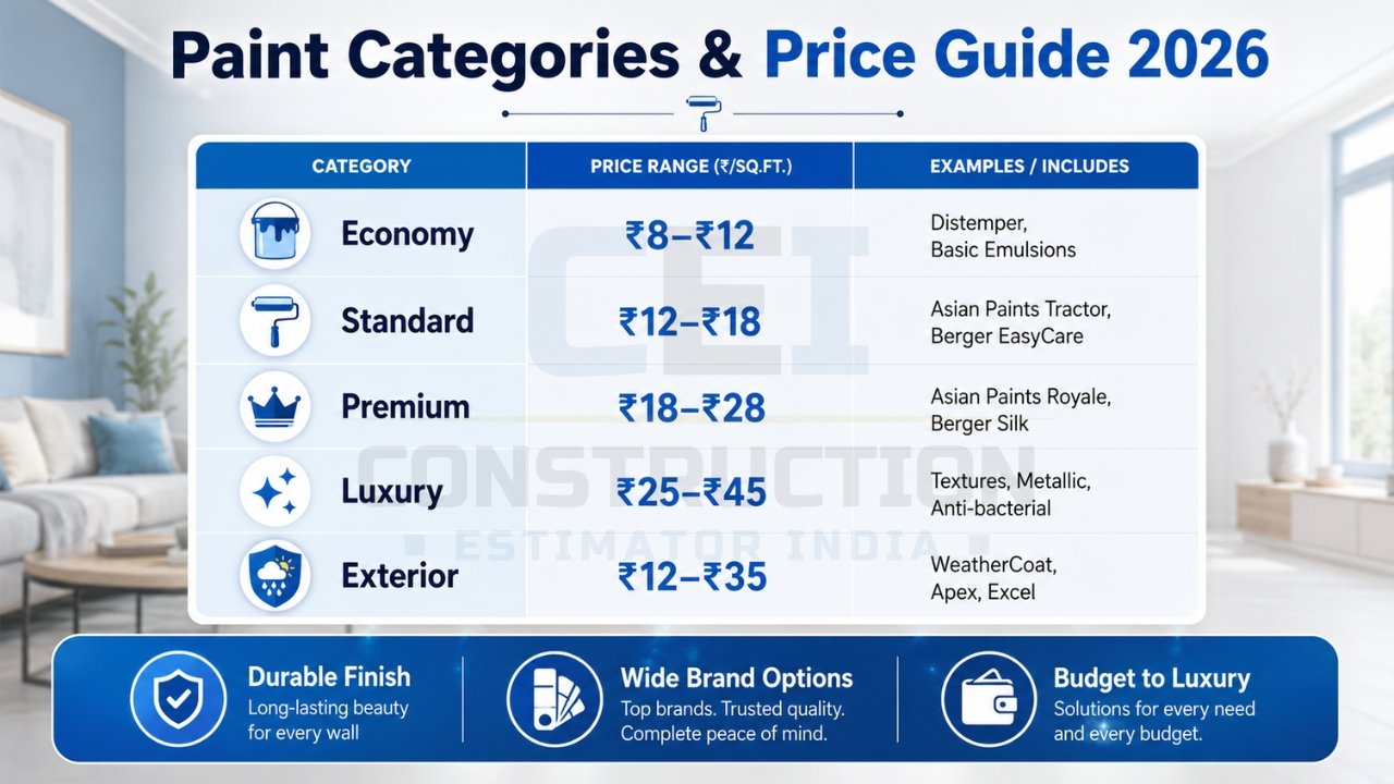 Paint categories and price guide India 2026 showing economy, standard, premium, luxury, and exterior paint cost per sq ft with examples