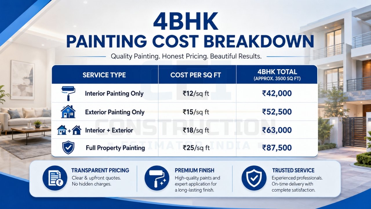4BHK painting cost breakdown infographic showing interior, exterior, combo, and full property painting costs per sq ft with total estimates