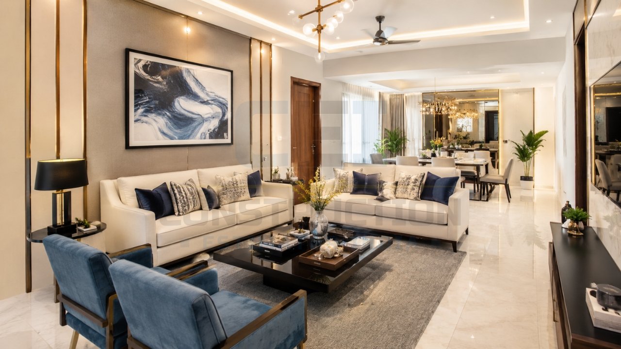 Modern luxury living room interior with beige sofas, blue accent chairs, marble flooring, and warm ambient lighting