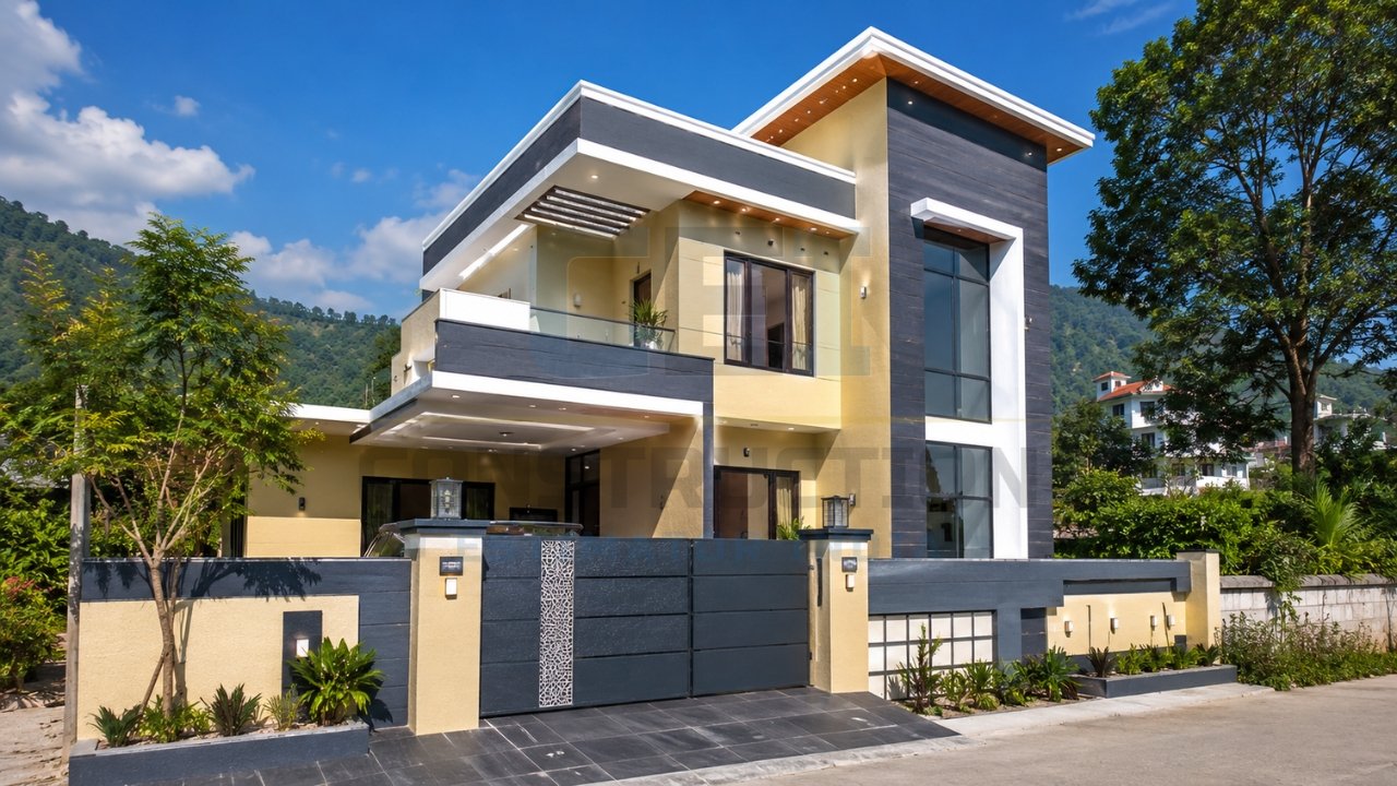 Modern exterior house design with beige and dark grey color combination, balcony, glass windows, and boundary wall