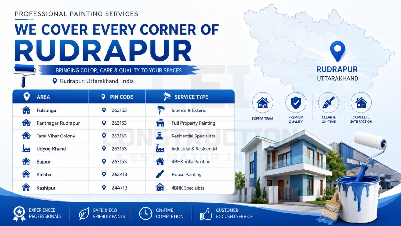 Painting services in Rudrapur infographic showing service areas, pin codes, and interior/exterior painting offerings