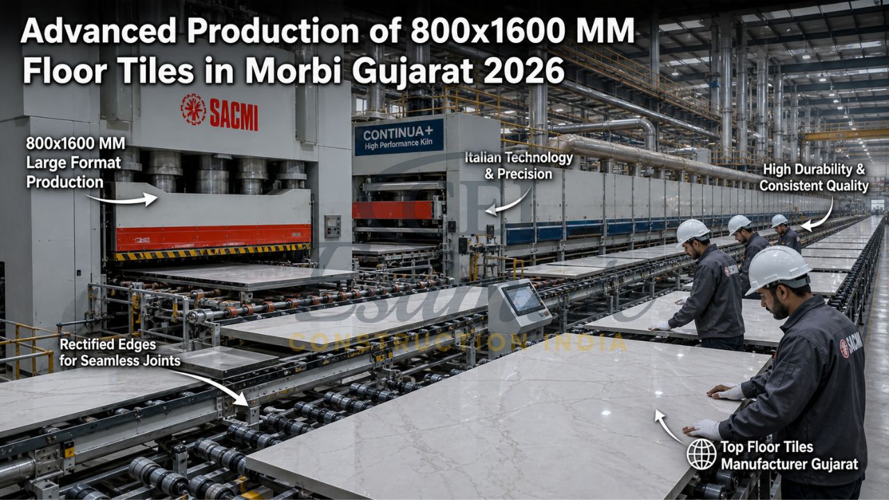 High-precision manufacturing line producing 800x1600 mm large-format floor tiles in Morbi