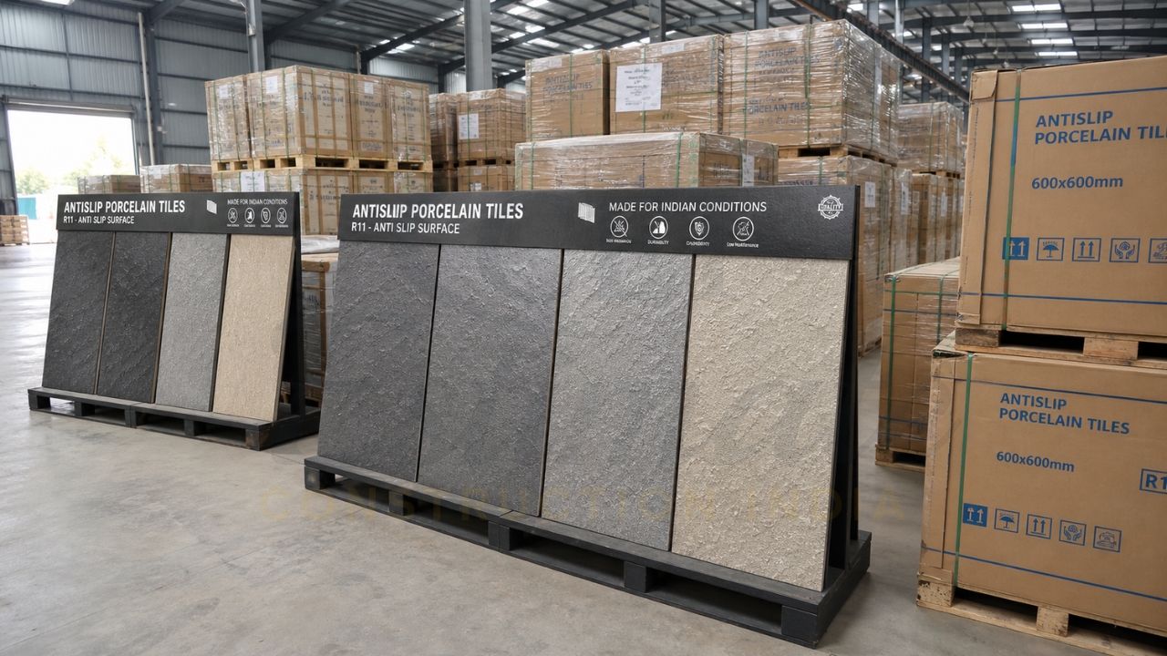 Anti-slip porcelain tiles display in a warehouse with R11 textured surfaces, surrounded by export-ready tile cartons and pallets.