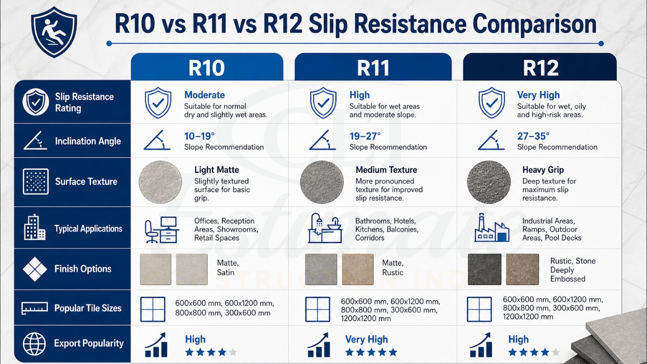 Infographic comparing R10, R11, and R12 slip resistance ratings, showing inclination angles, textures, applications, and tile finishes.