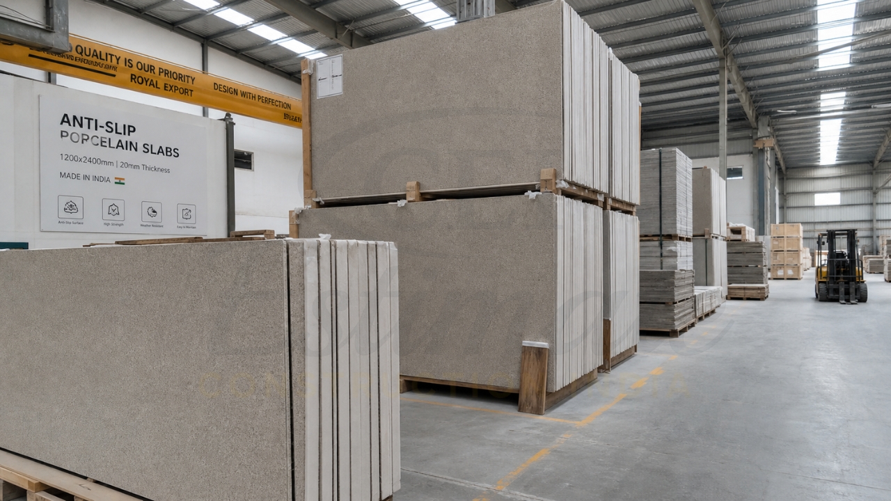 Warehouse storing large anti-slip porcelain slabs on pallets, labeled for export, with a forklift in the background.
