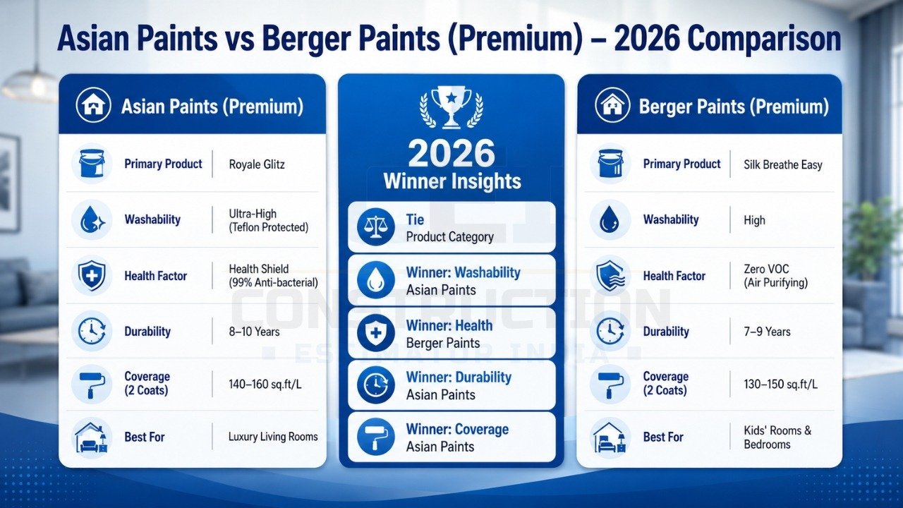 Asian Paints vs Berger Paints premium comparison 2026 showing washability, durability, coverage, and winner insights