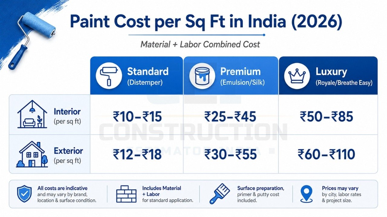 Paint cost per square foot in India 2026 showing standard, premium, and luxury pricing for interior and exterior walls