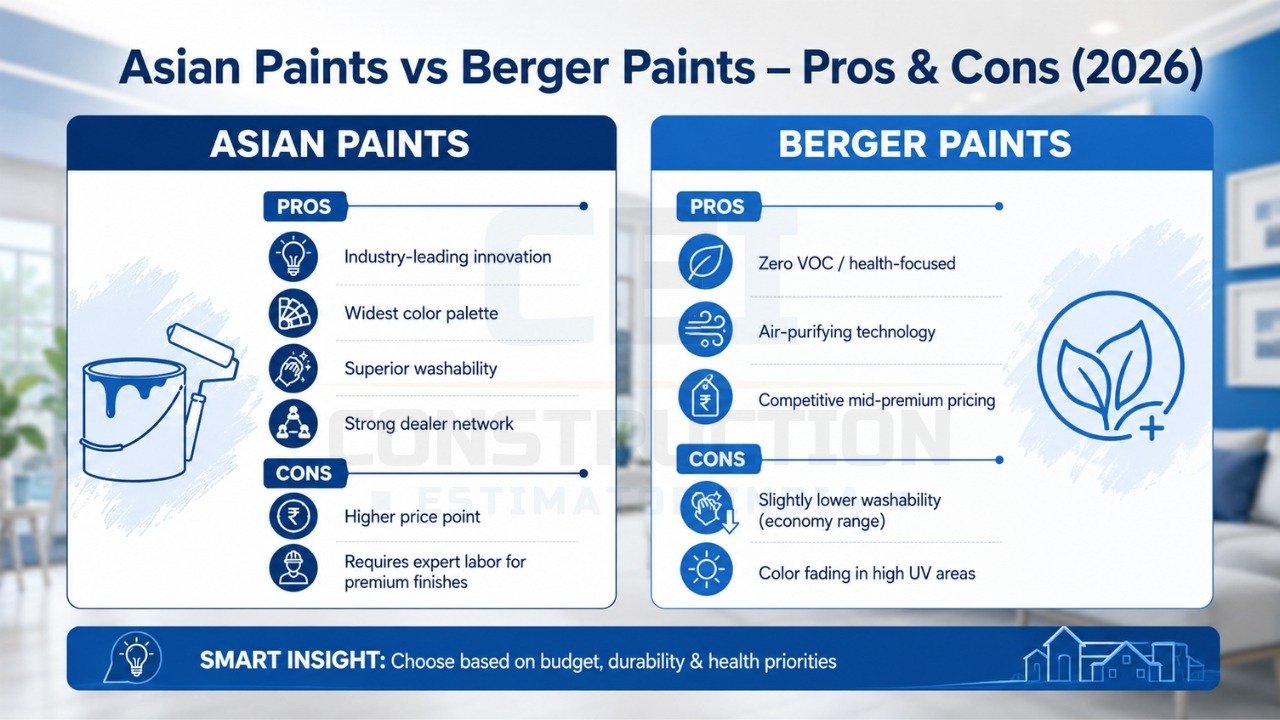 Asian Paints vs Berger Paints pros and cons 2026 showing innovation, washability, pricing, and health features