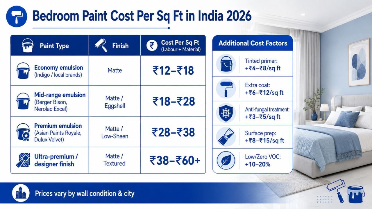 Bedroom wall painting cost per square foot in India 2026 with economy, premium, and designer paint price comparison