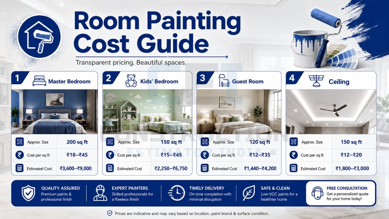 Room painting cost guide infographic showing master bedroom, kids’ bedroom, guest room, and ceiling painting costs with estimated pricing
