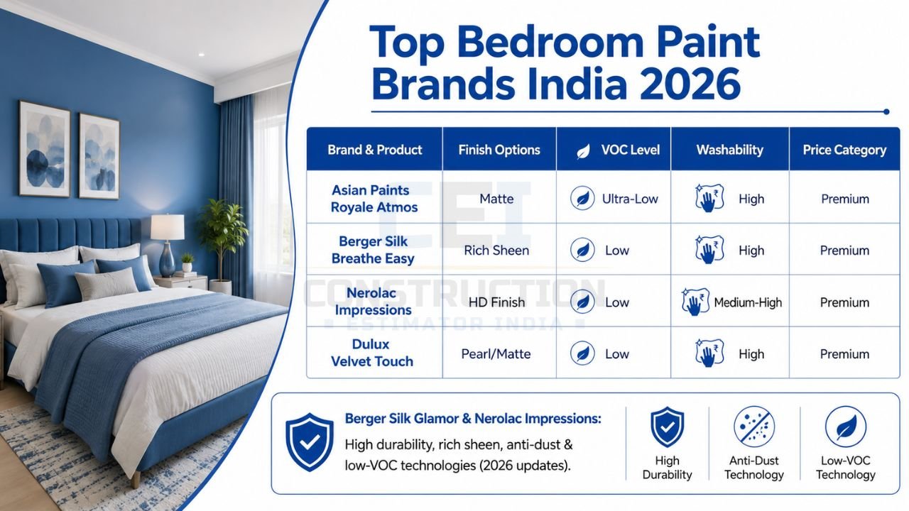 Top bedroom paint brands in India 2026 including Berger Silk, Nerolac Impressions, Asian Paints Royale, and Dulux Velvet Touch