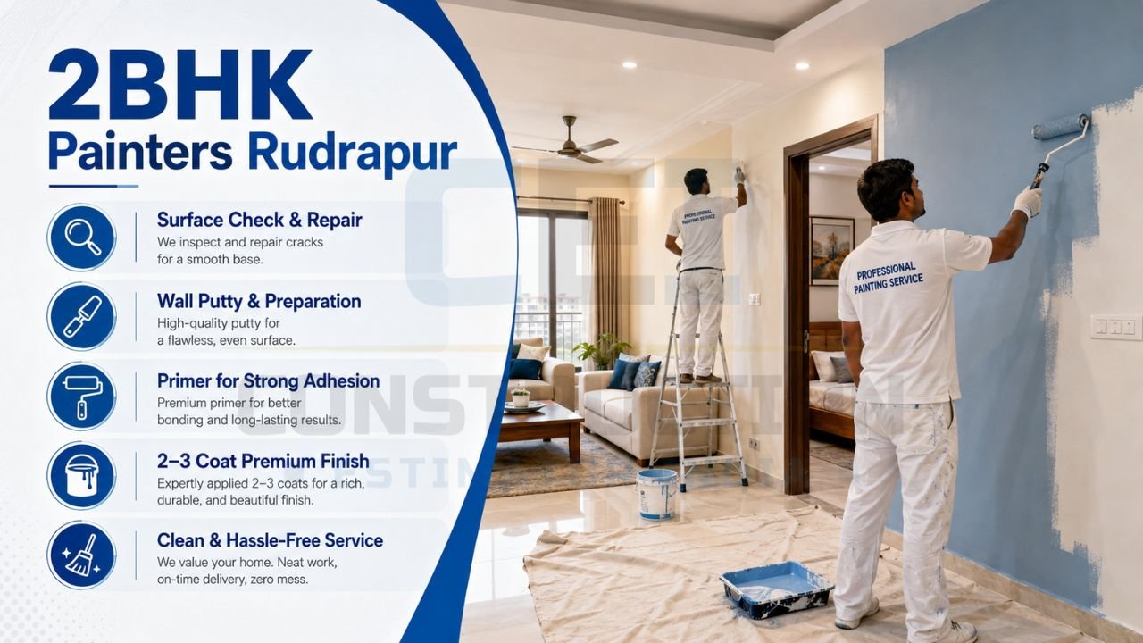 Professional 2BHK painters in Rudrapur providing wall preparation, putty work, primer application, premium paint finish, and clean hassle-free painting services.
