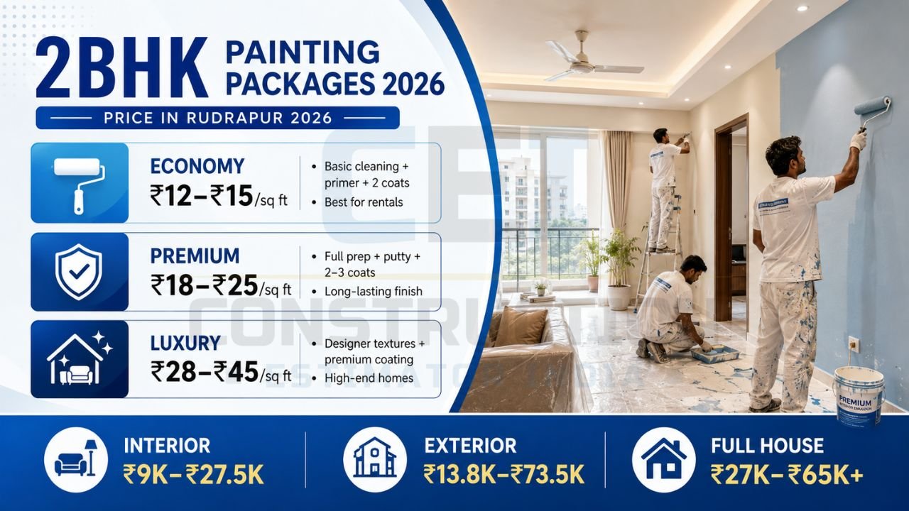 2BHK painting packages 2026 price in Rudrapur with economy, premium, and luxury painting costs per square foot for interior and exterior painting.