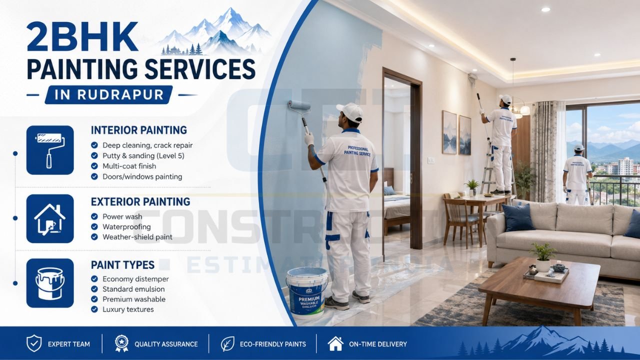 2BHK painting services in Rudrapur with interior painting, exterior waterproof painting, wall putty, sanding, weather-shield paints, and premium emulsion finishes.