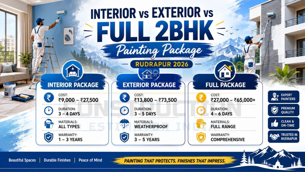 Interior vs exterior vs full 2BHK painting package in Rudrapur 2026 with pricing, duration, waterproof materials, warranty, and professional painters.