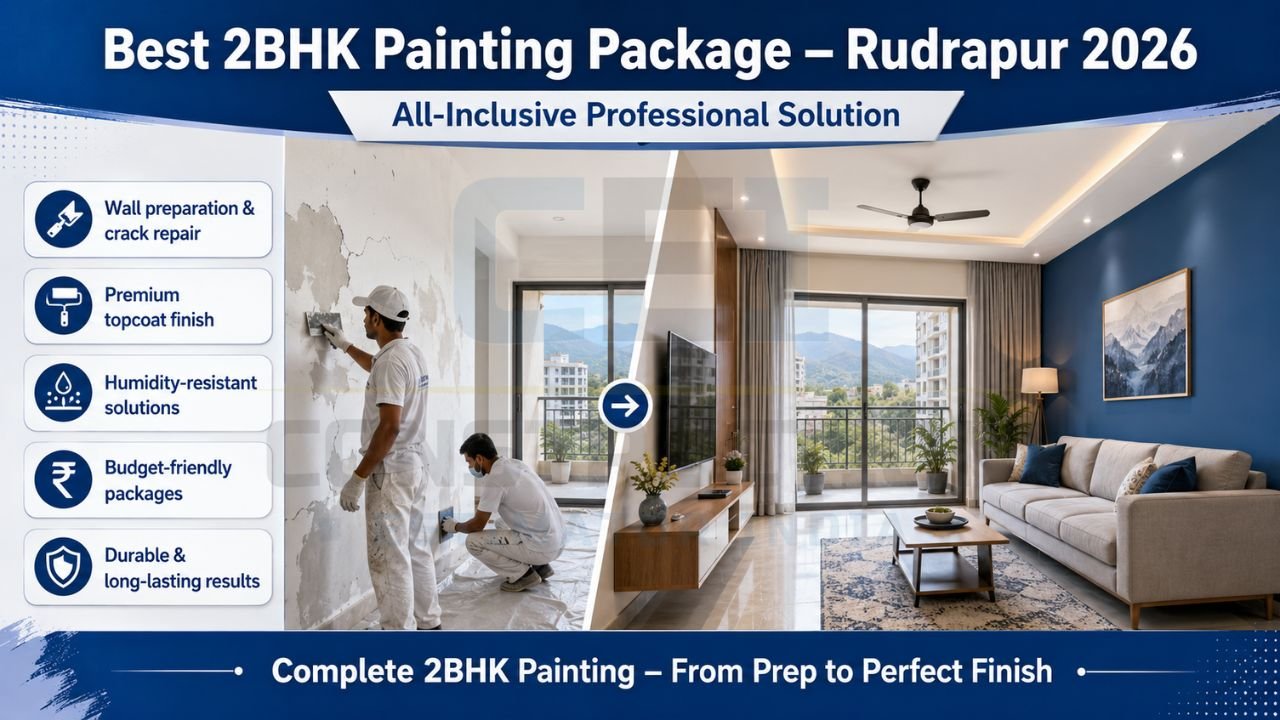 Best 2BHK painting package in Rudrapur 2026 with wall preparation, crack repair, premium finish, humidity-resistant paint solutions, and durable interior painting services.