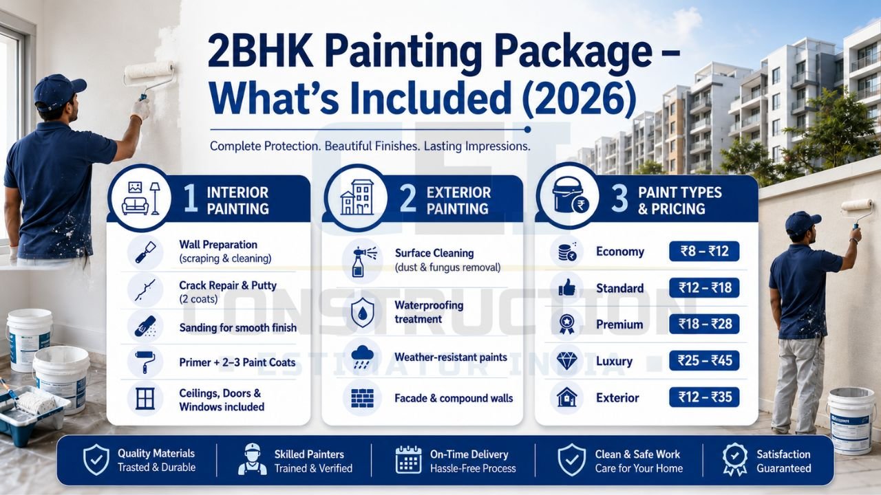 2BHK painting package details for 2026 including interior painting, exterior painting, wall preparation, waterproofing, paint pricing, and professional painting services.