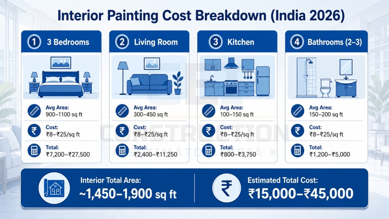 Interior painting cost breakdown India 2026 showing 3 bedrooms, living room, kitchen, and bathrooms with per sq ft cost and total estimate